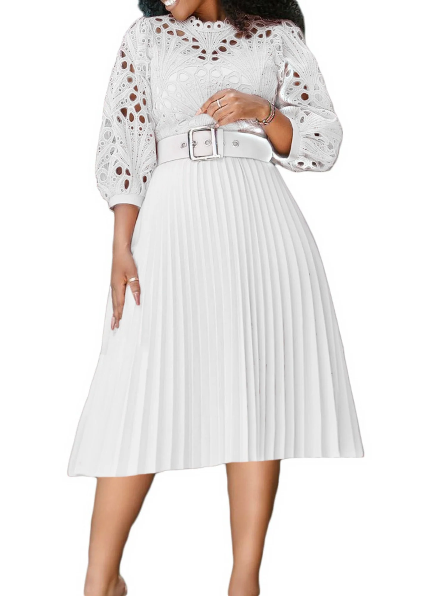 Lace Cutout Lace Patchwork With Belt Long Sleeves Midi Dresses - Image 6