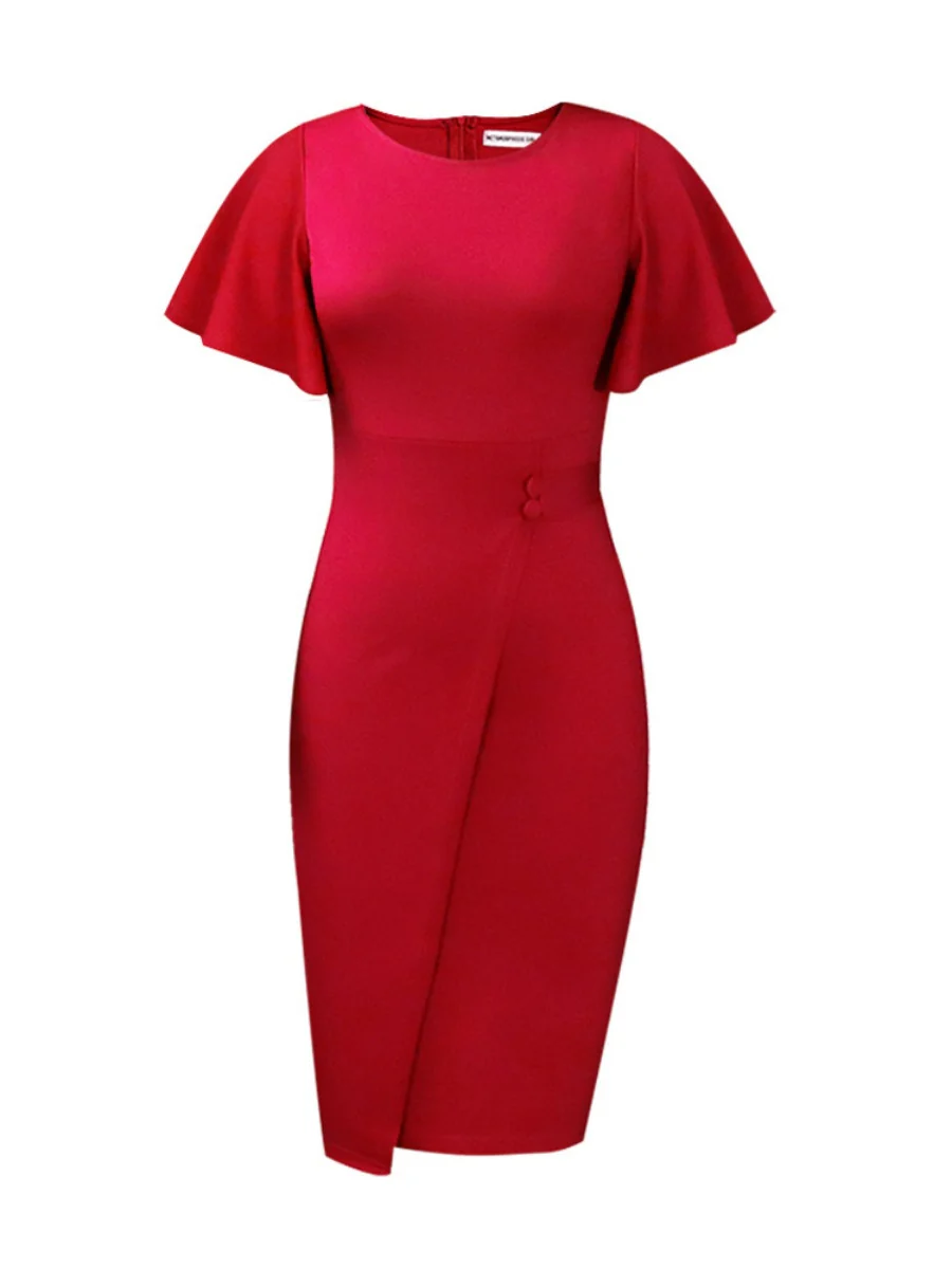 Commuting Lotus Leaf Sleeves Buttons Solid Color Mini&Short Dresses - Image 13