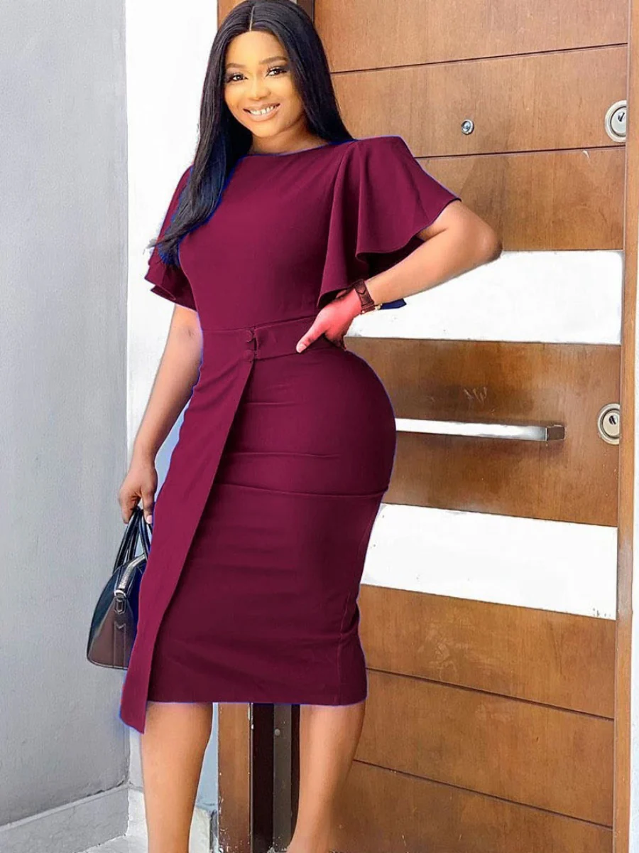 Commuting Lotus Leaf Sleeves Buttons Solid Color Mini&Short Dresses - Image 2