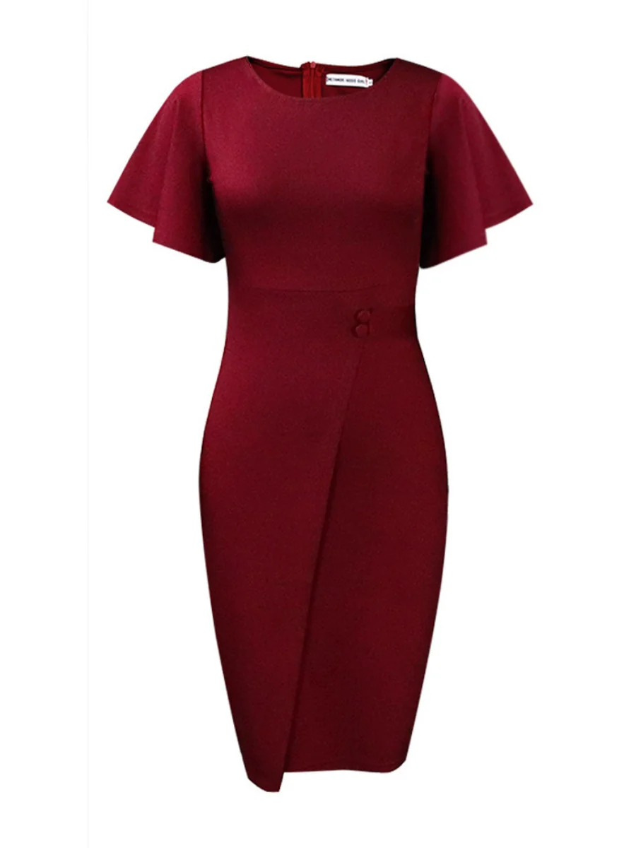 Commuting Lotus Leaf Sleeves Buttons Solid Color Mini&Short Dresses - Image 23
