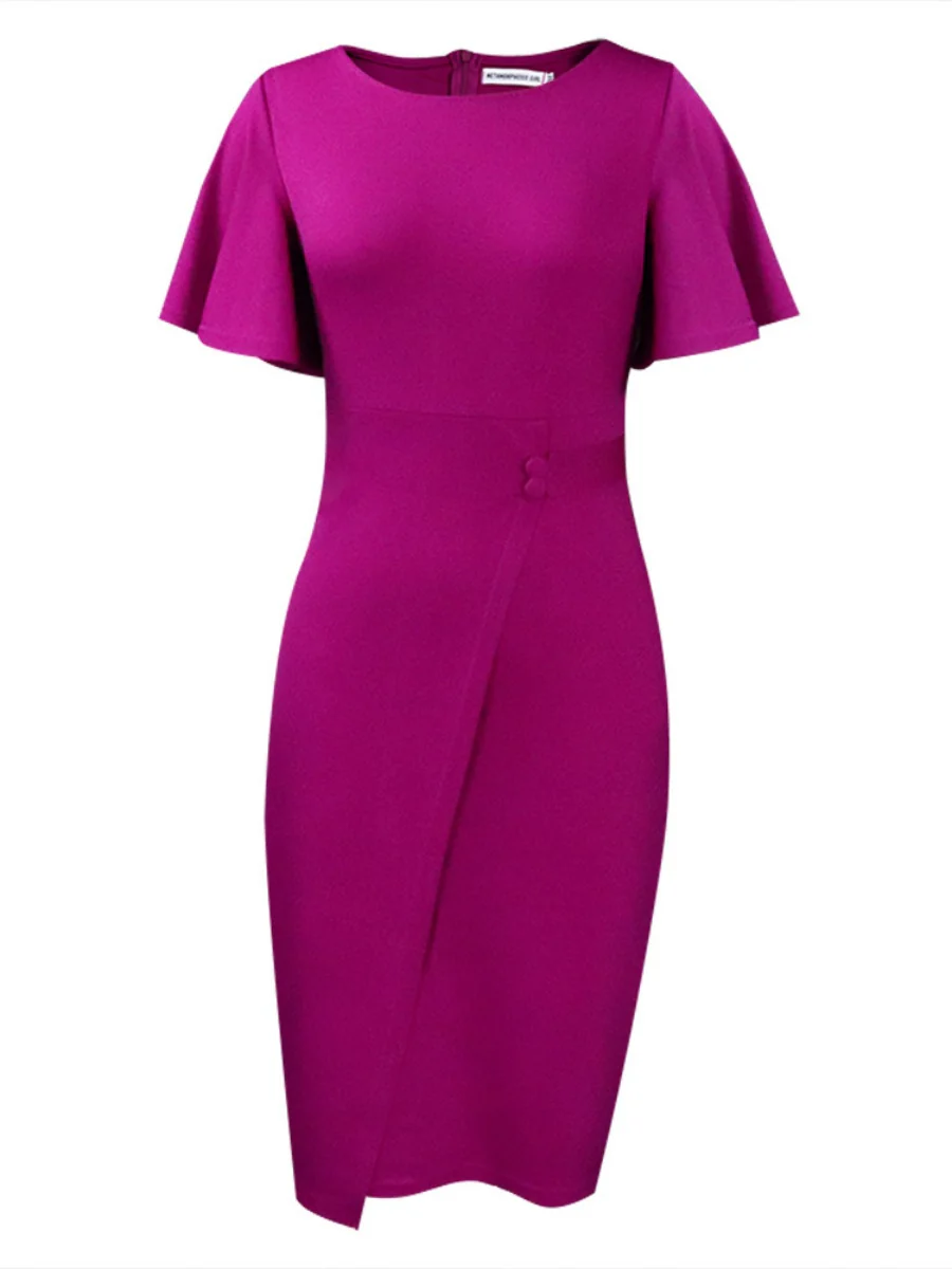 Commuting Lotus Leaf Sleeves Buttons Solid Color Mini&Short Dresses - Image 27