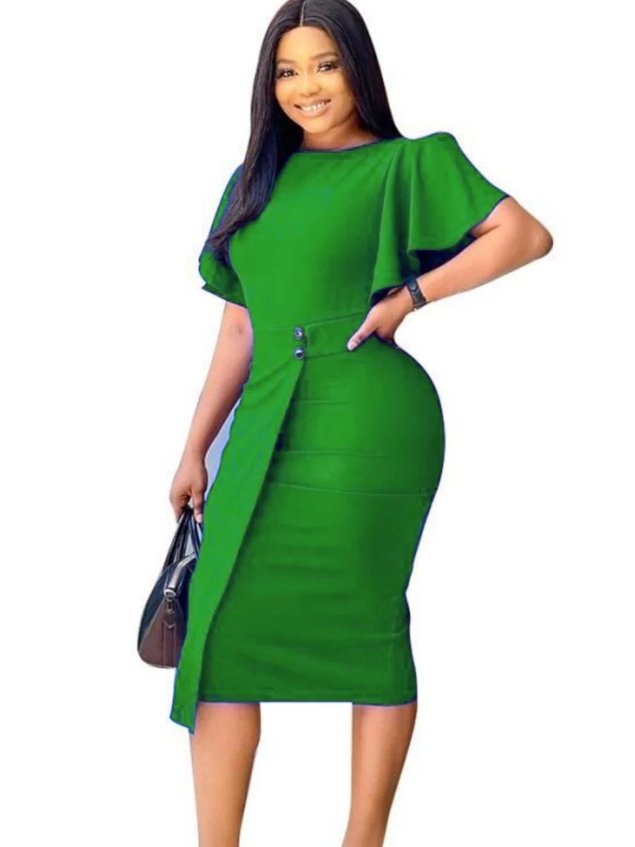 Commuting Lotus Leaf Sleeves Buttons Solid Color Mini&Short Dresses - Image 29