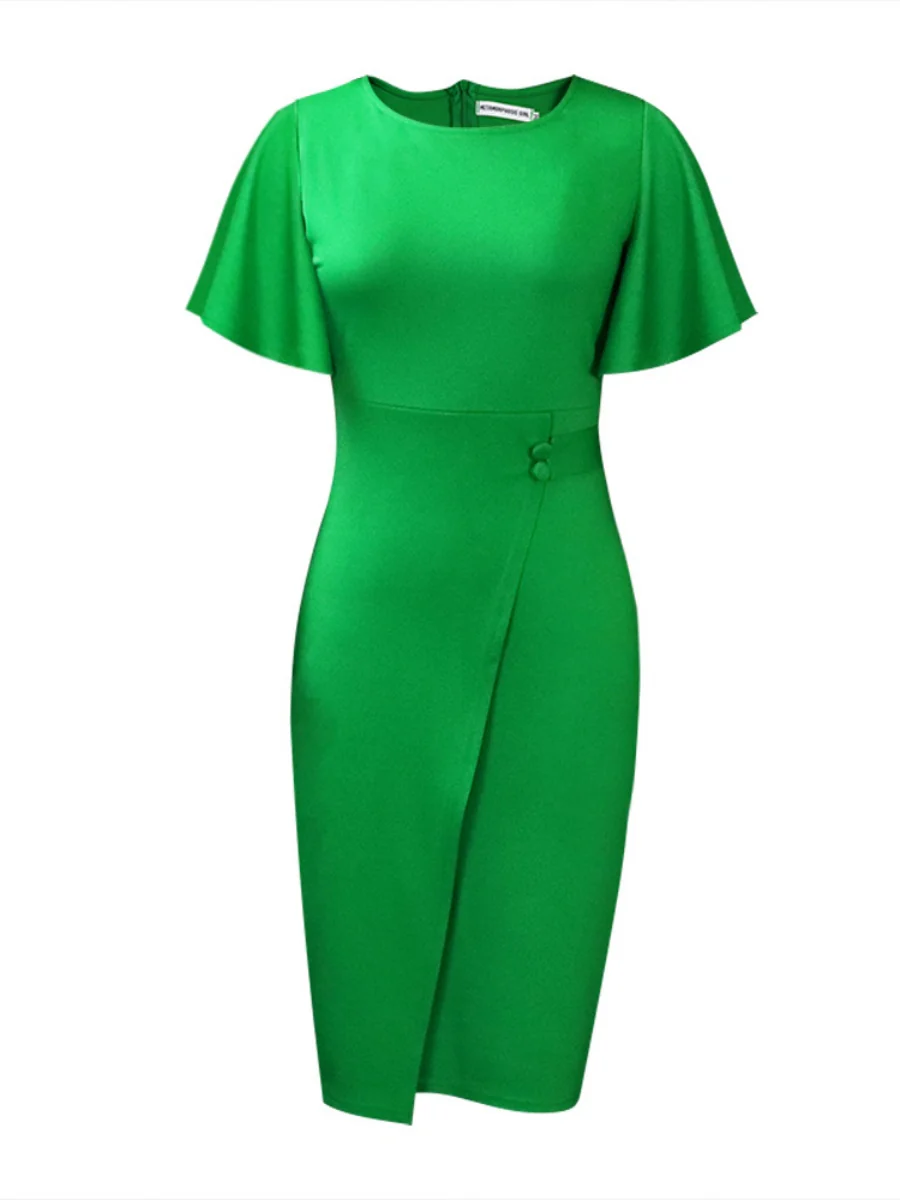Commuting Lotus Leaf Sleeves Buttons Solid Color Mini&Short Dresses - Image 30