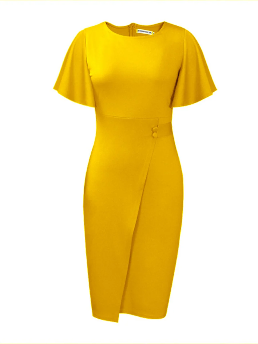 Commuting Lotus Leaf Sleeves Buttons Solid Color Mini&Short Dresses - Image 7