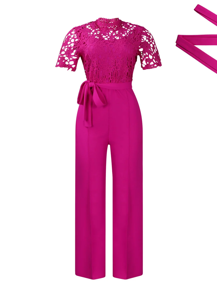 Lace Trim Hollow Short Sleeve Bandage High Waist Wide Leg Jumpsuits - Image 6