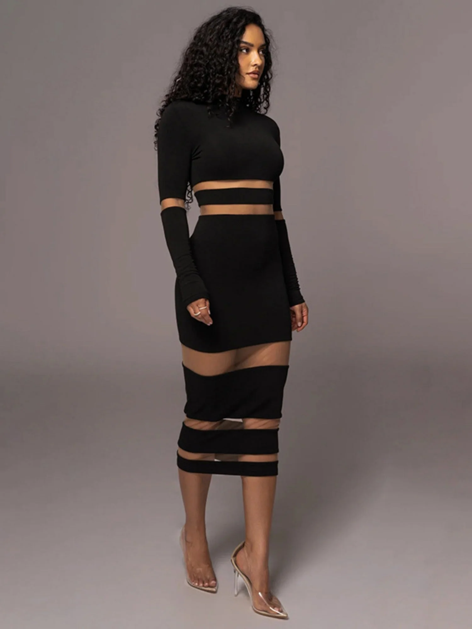Mesh Splicing High Collar High Waist Slim Sexy Long Dress - Image 2