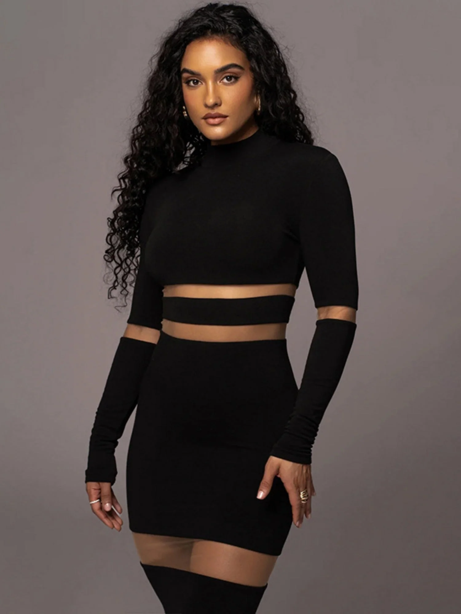 Mesh Splicing High Collar High Waist Slim Sexy Long Dress - Image 3