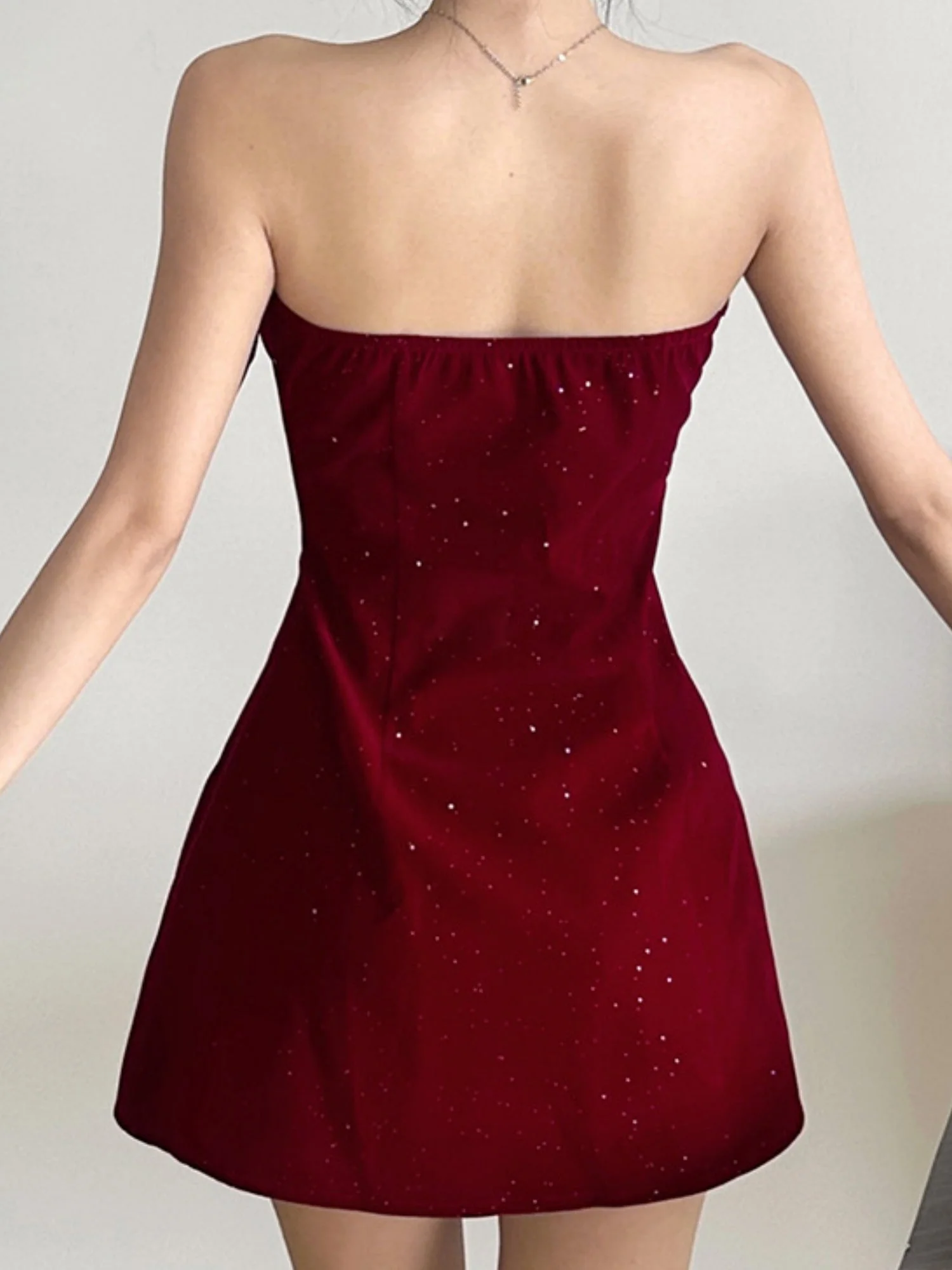 Sequins Backless Strapless Top Bow Zipper Mini&Short Dresses - Image 5