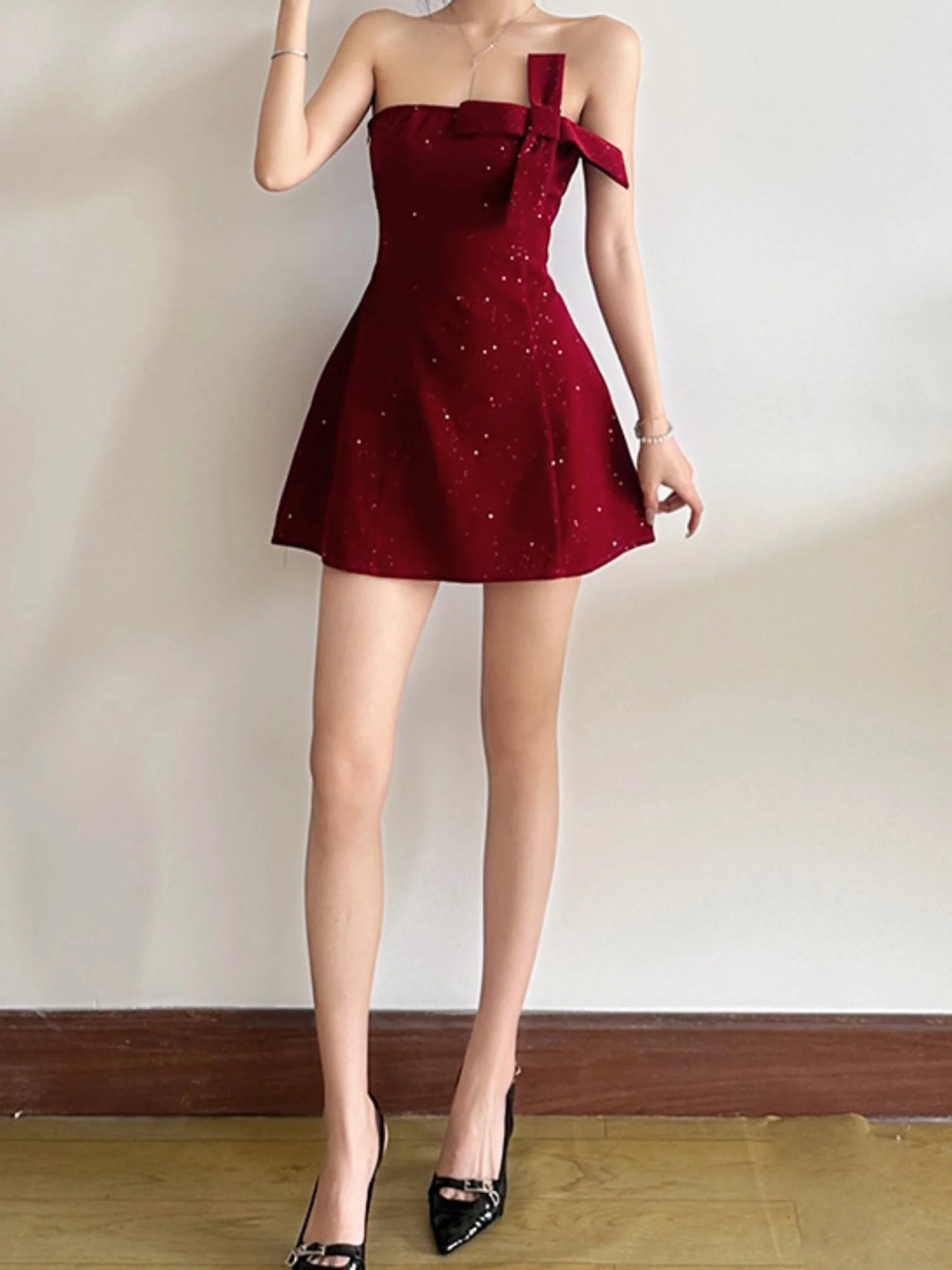 Sequins Backless Strapless Top Bow Zipper Mini&Short Dresses - Image 6