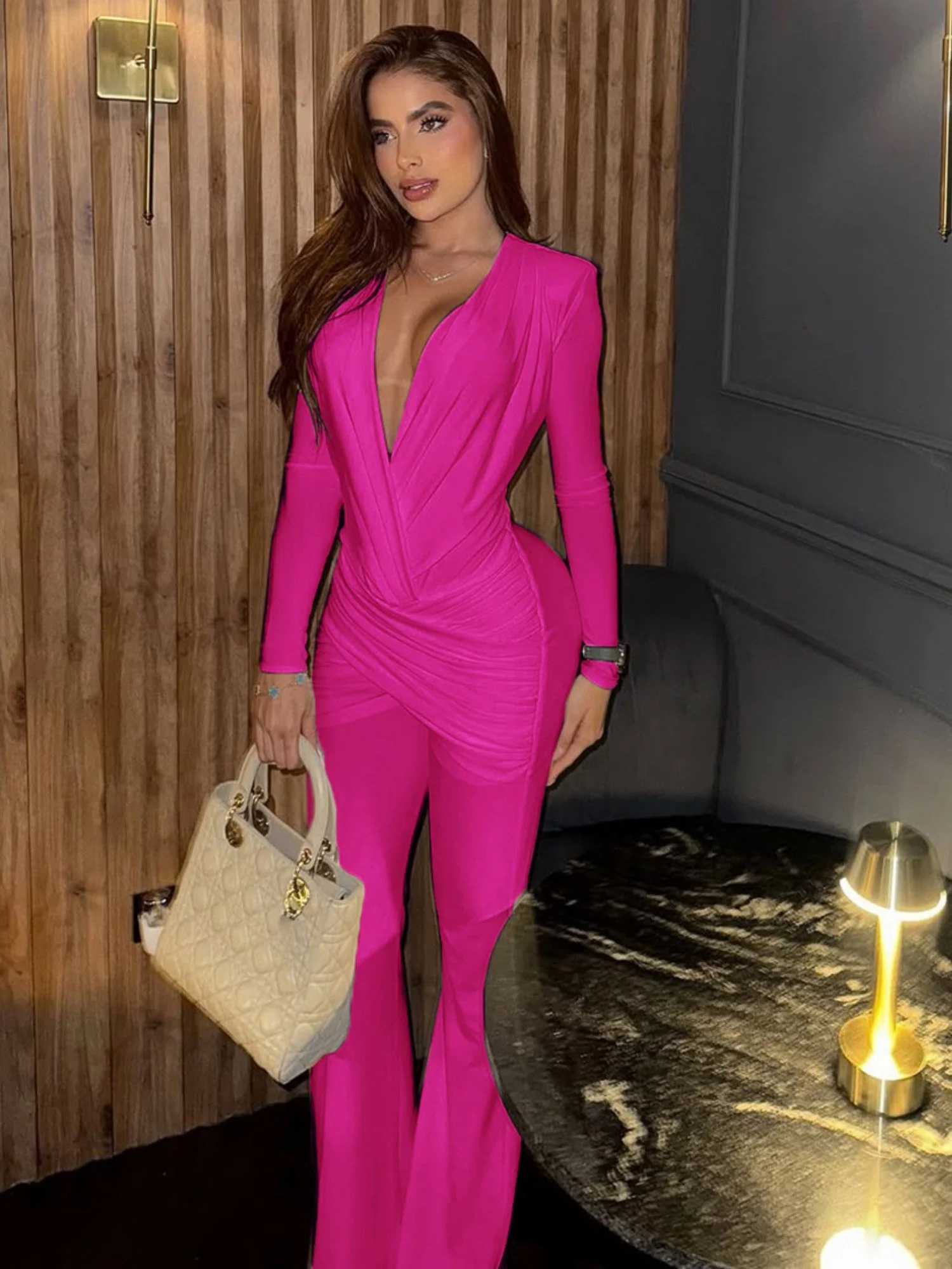 Deep V-neck Long-sleeved Fitted Flares Jumpsuits&Bodysuits - Image 5