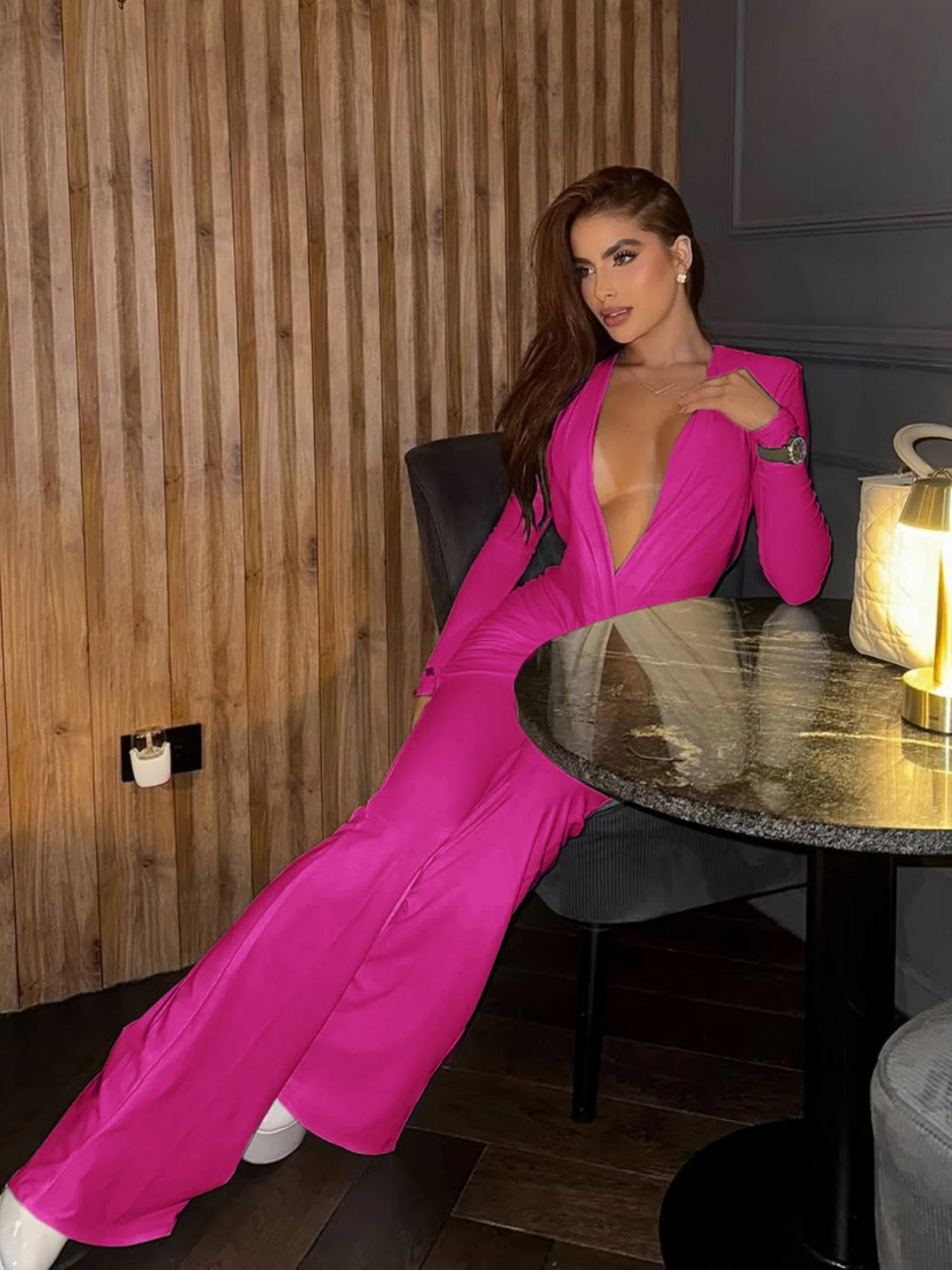 Deep V-neck Long-sleeved Fitted Flares Jumpsuits&Bodysuits - Image 7