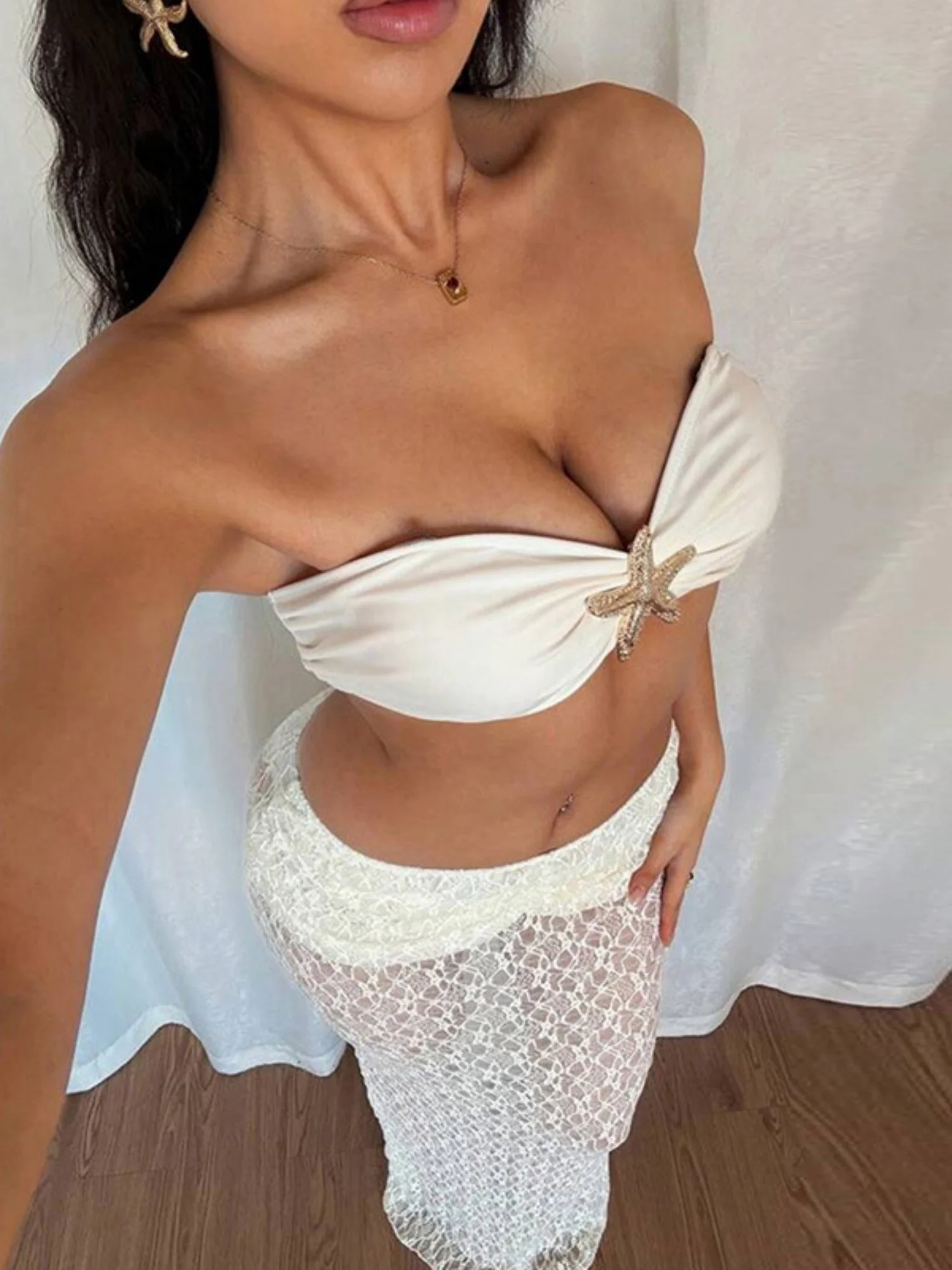 Lace Straps Pleated Navel Exposed Strapless Lace Maxi Dress 2-piece Sets - Image 3