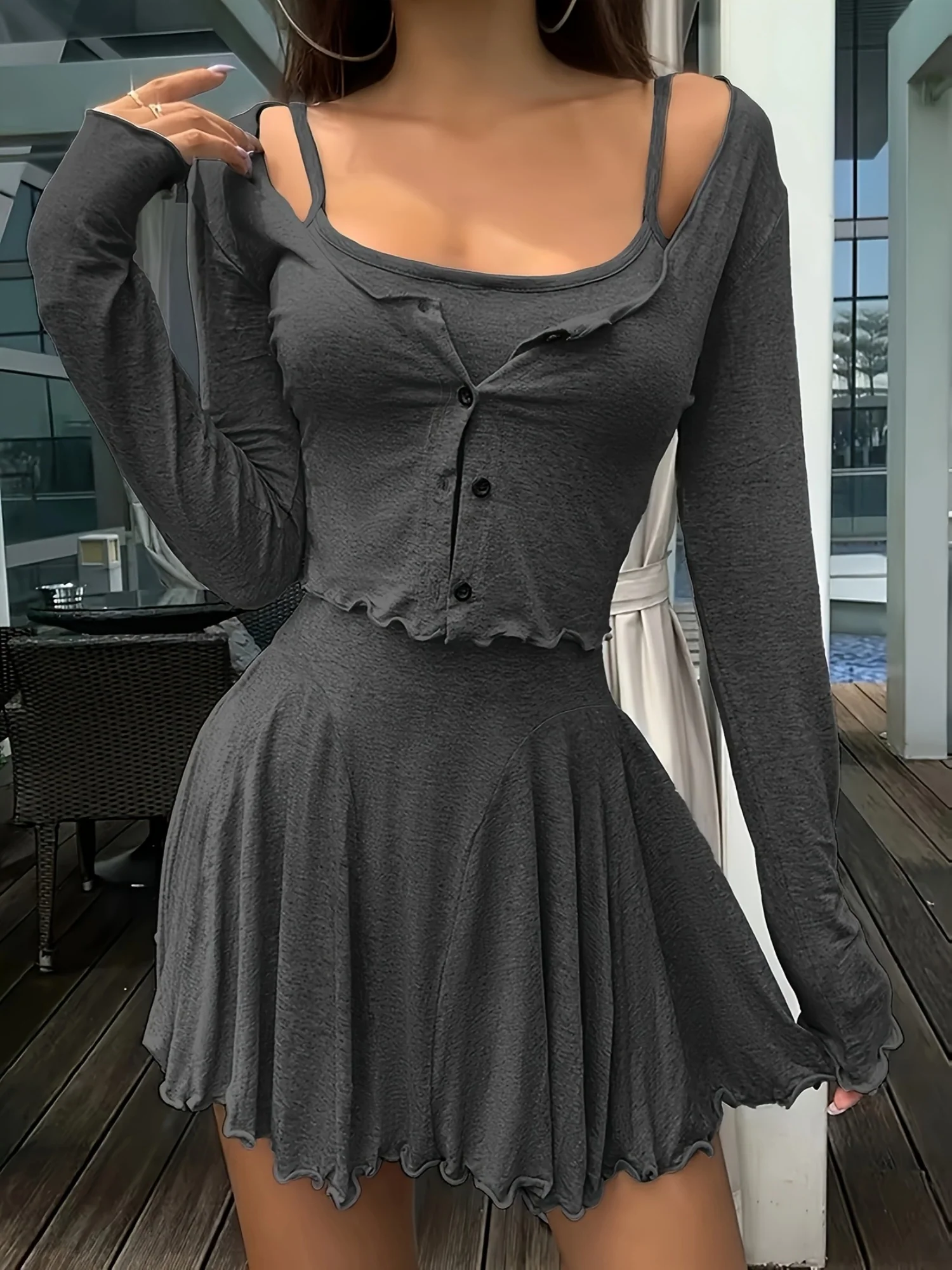Wood Ear Cardigan Slip Dress 2-piece Sets - Image 5