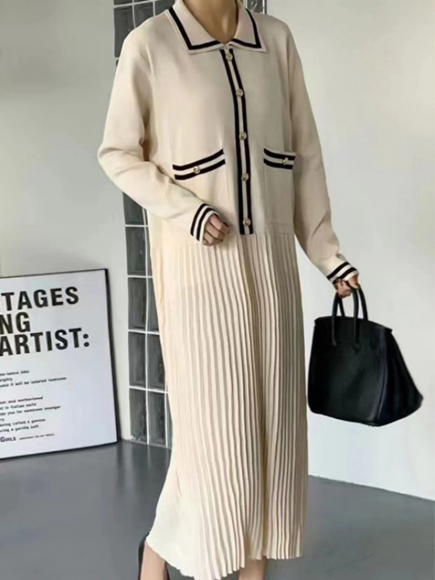 Lapel Contrasting Trim Elegant Chanel Style Pleated Loose Long Knitted Dress - Image 2