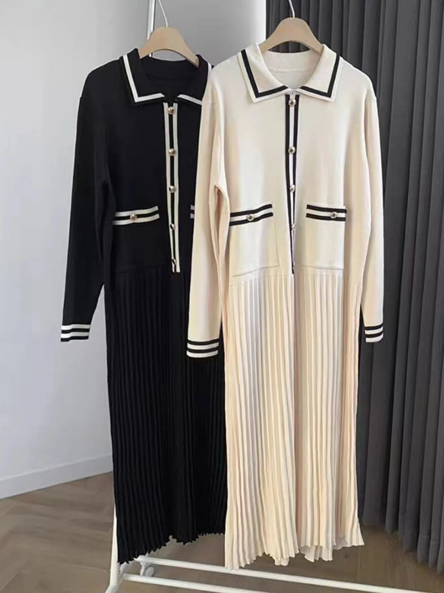 Lapel Contrasting Trim Elegant Chanel Style Pleated Loose Long Knitted Dress - Image 3