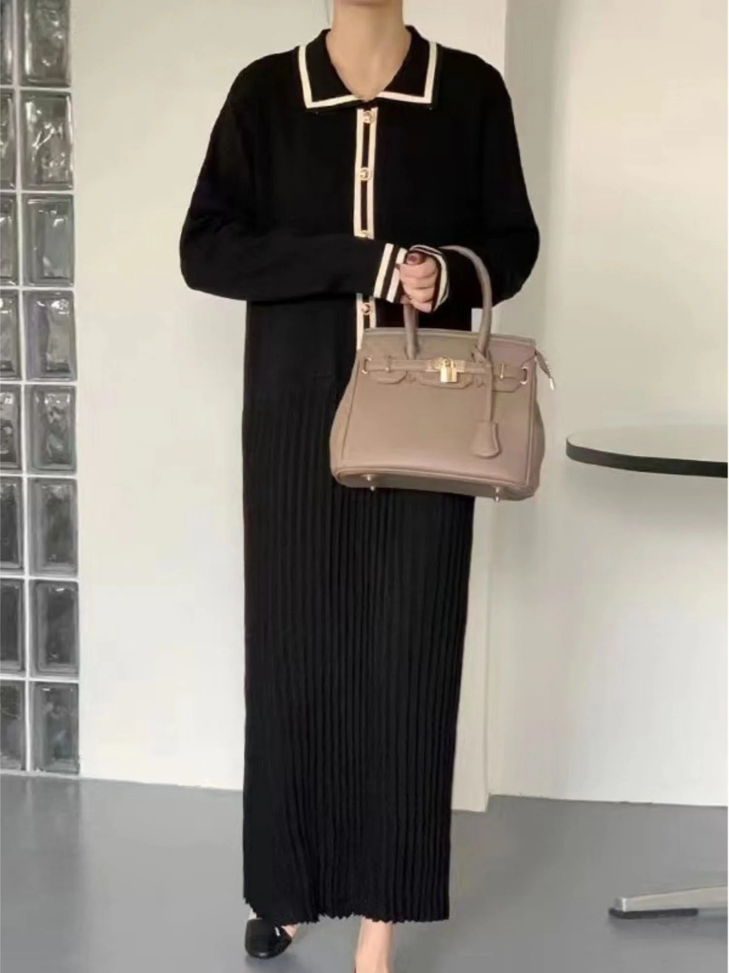 Lapel Contrasting Trim Elegant Chanel Style Pleated Loose Long Knitted Dress - Image 4