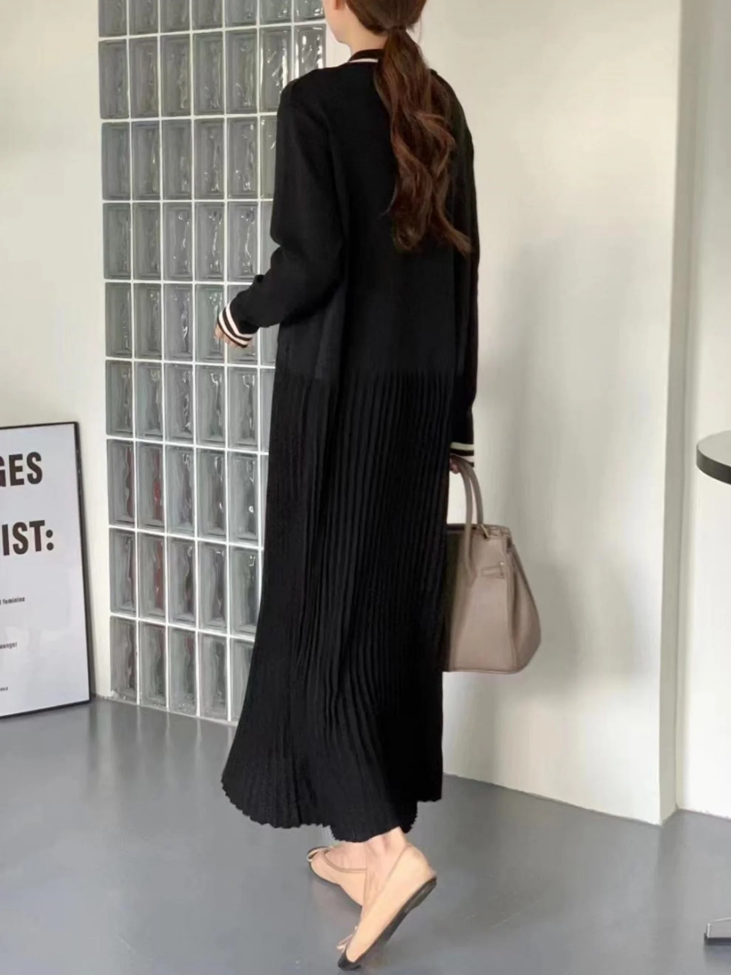 Lapel Contrasting Trim Elegant Chanel Style Pleated Loose Long Knitted Dress - Image 5
