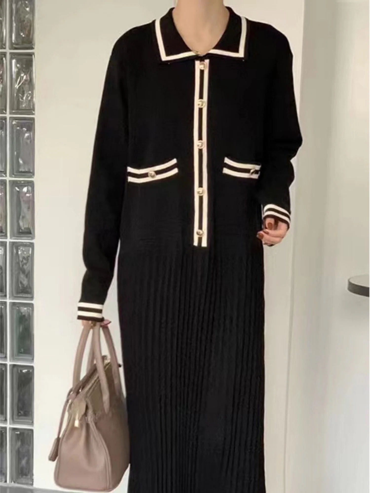 Lapel Contrasting Trim Elegant Chanel Style Pleated Loose Long Knitted Dress - Image 6