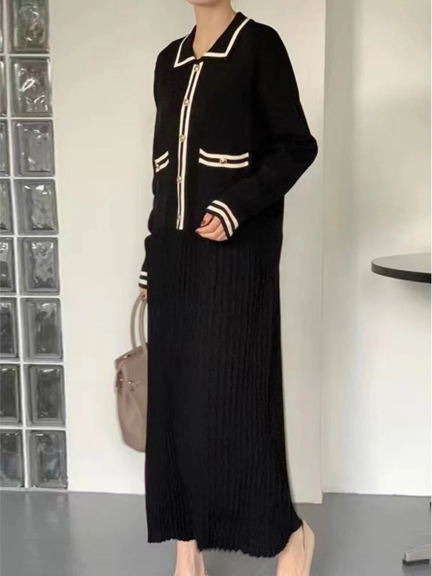 Lapel Contrasting Trim Elegant Chanel Style Pleated Loose Long Knitted Dress - Image 7