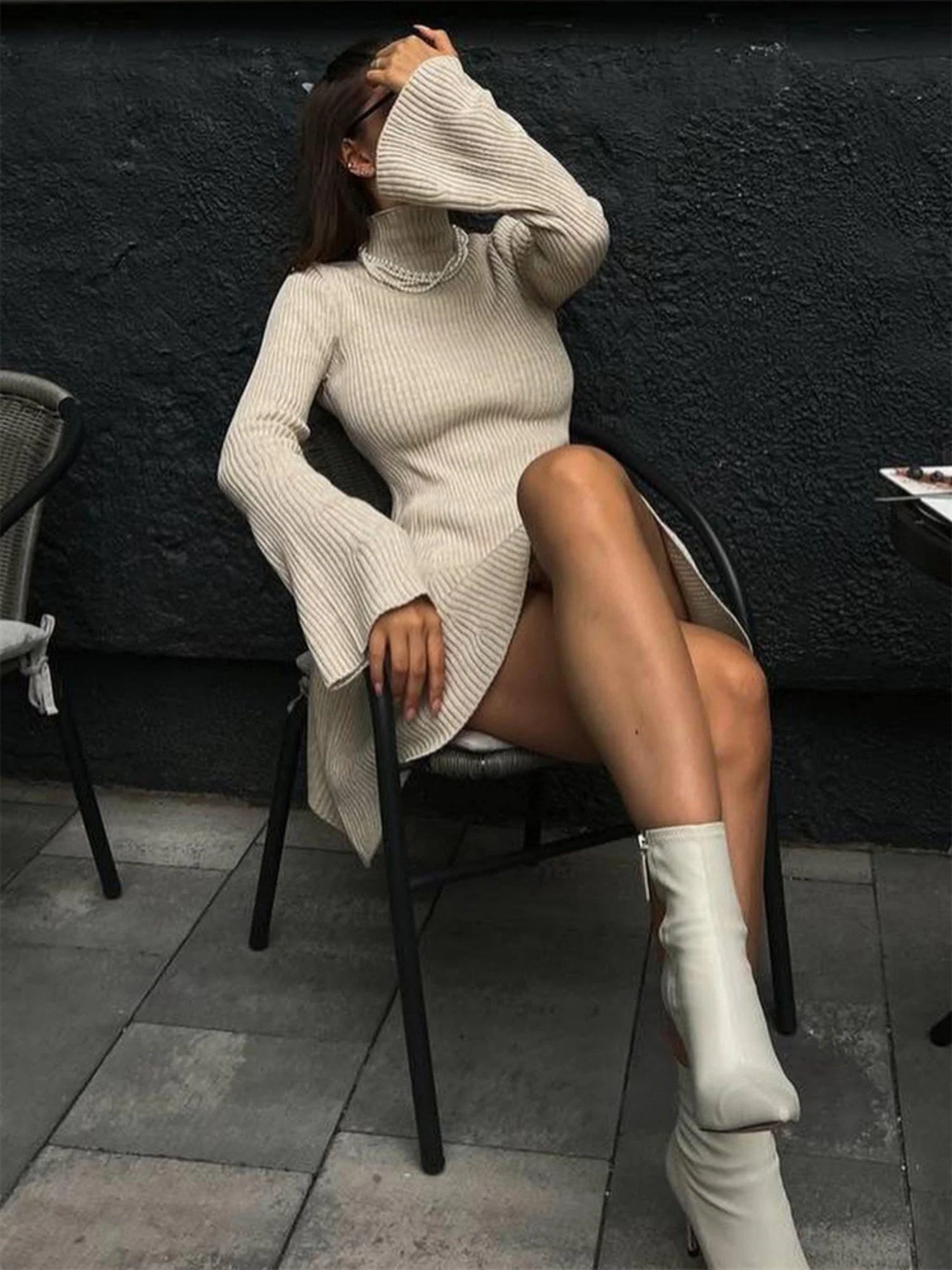 Turtleneck  Flare Sleeve A-line Skirt Knitted Sweaters Midi Dresses - Image 3