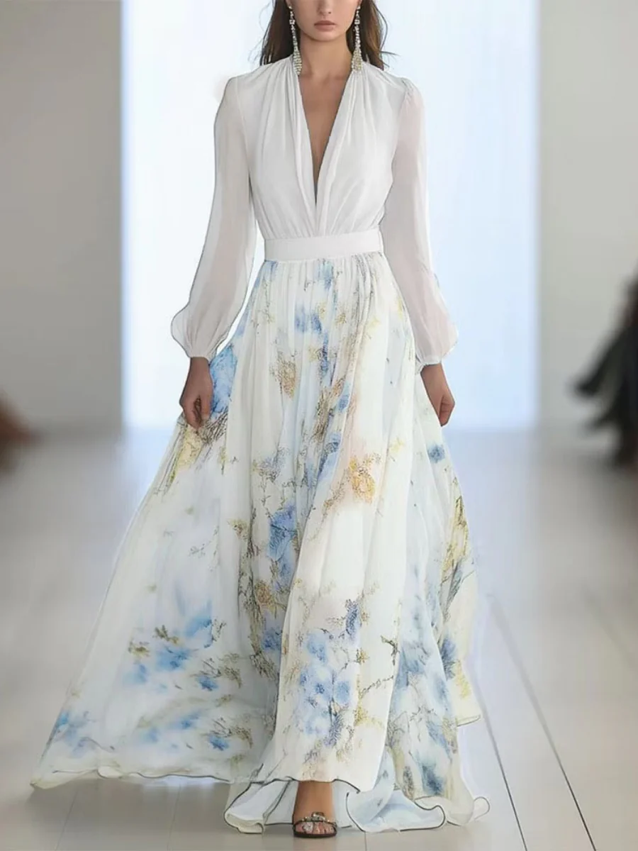 Floral Print With Ribbon Long Sleeve V-neck Patchwork Long Dress - Image 2