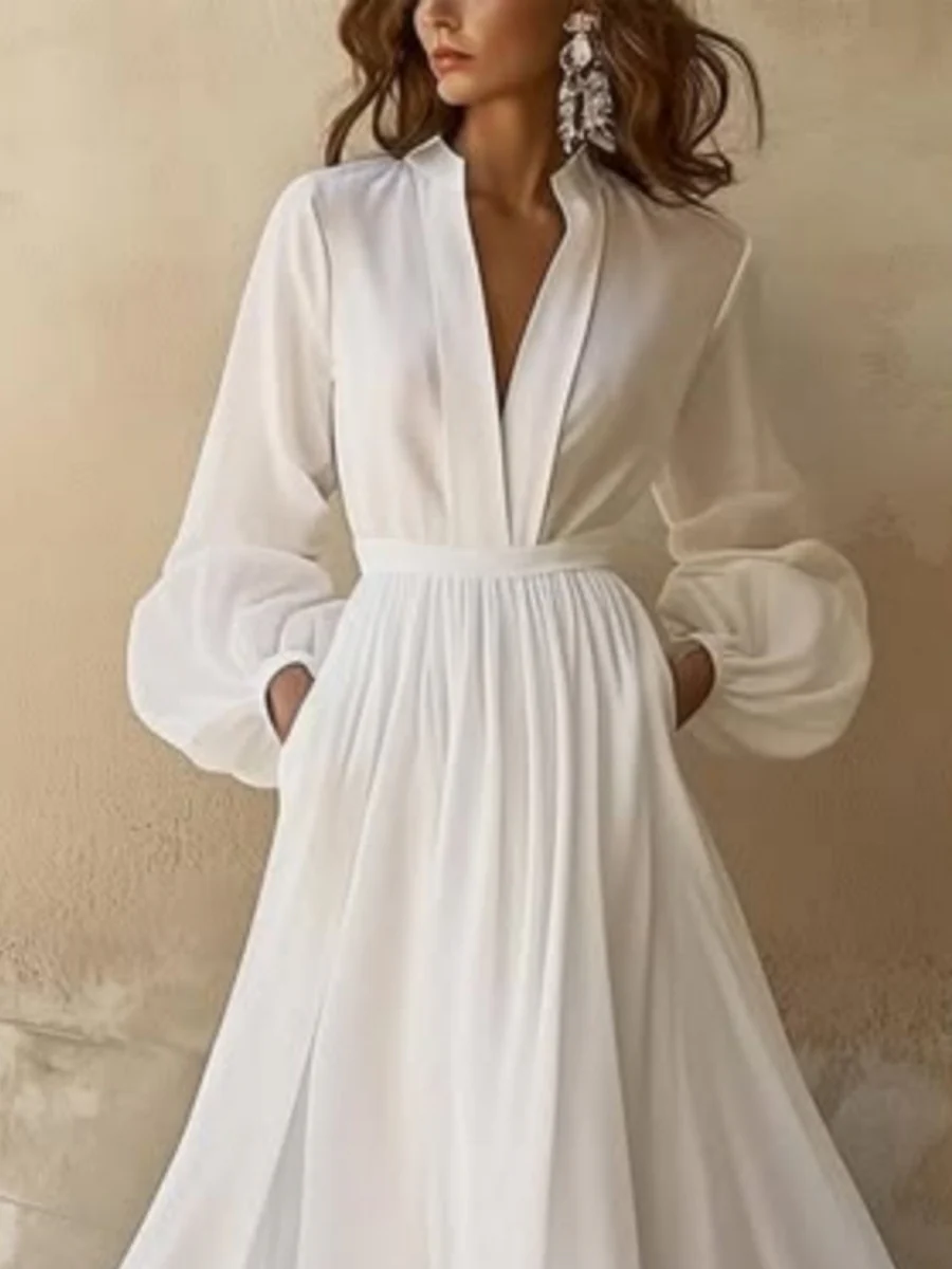 Long Sleeve V-neck Solid Color Pleated Belted Long Dress - Image 2