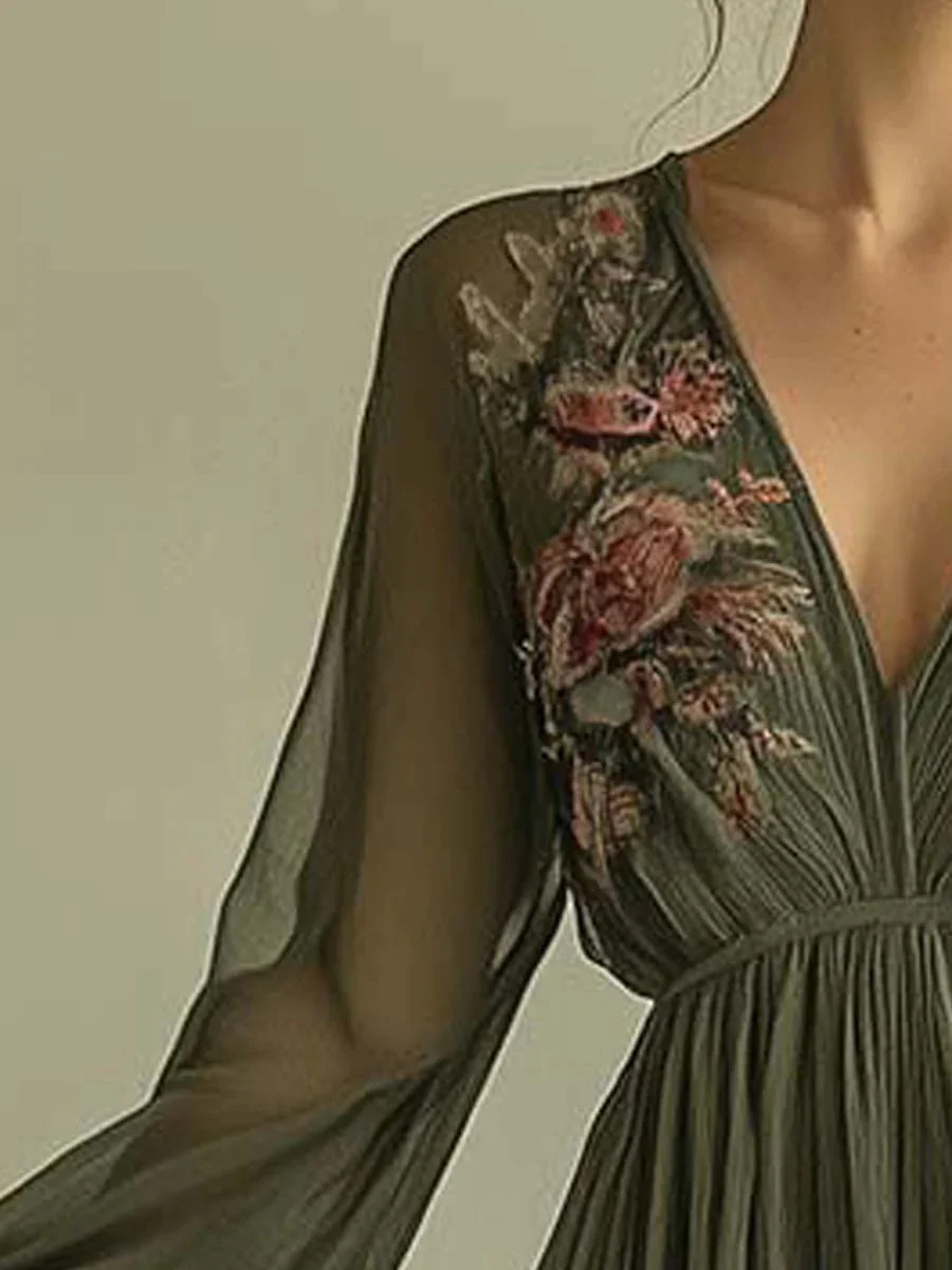 Floral Digital Positioning Printing Long-sleeved V-neck Long Dress - Image 4
