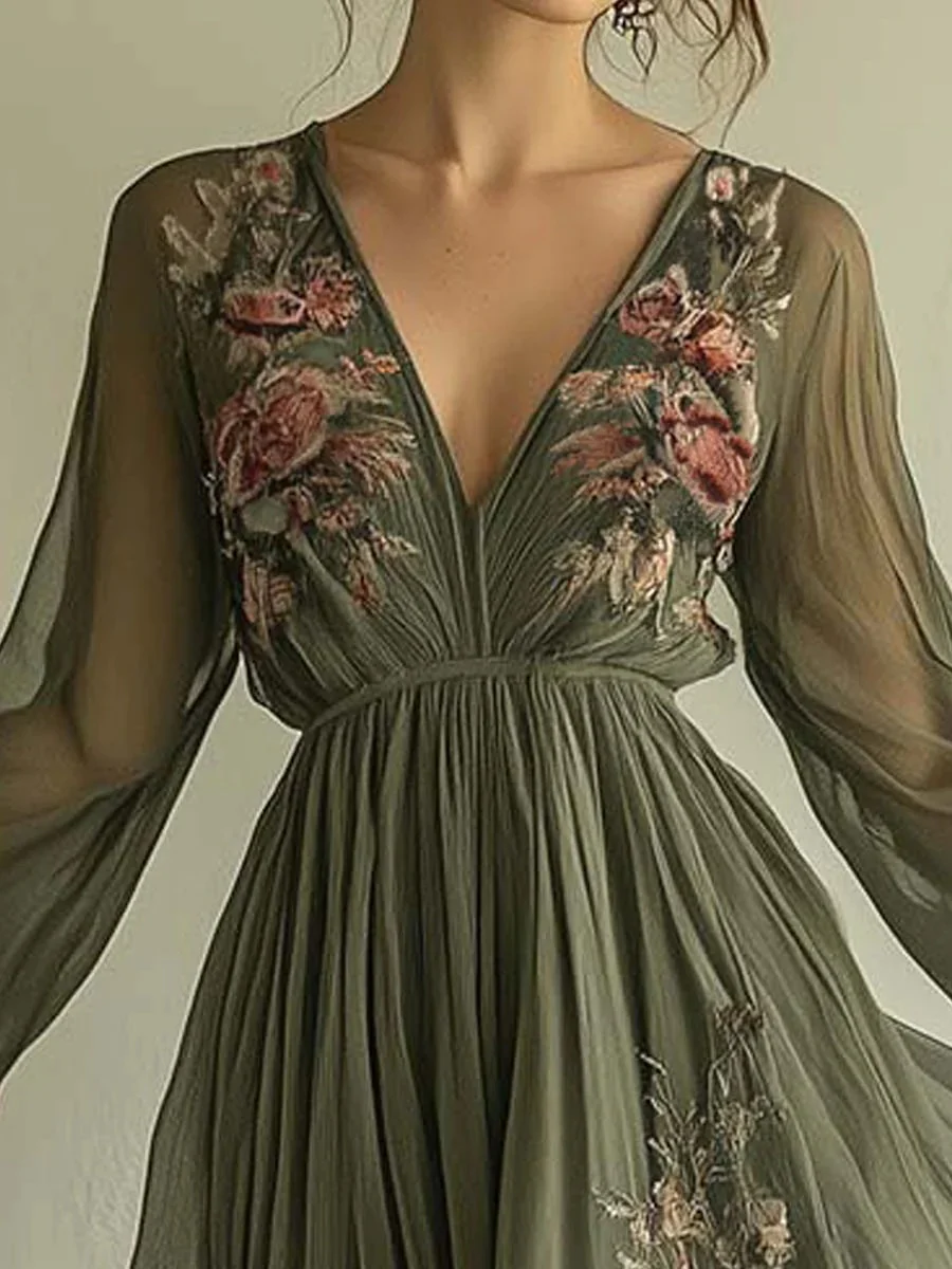 Floral Digital Positioning Printing Long-sleeved V-neck Long Dress - Image 5