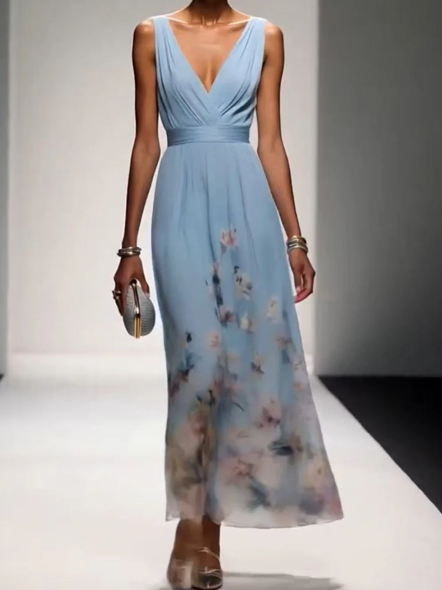 V-neck Sleeveless Floral Print Long Dress