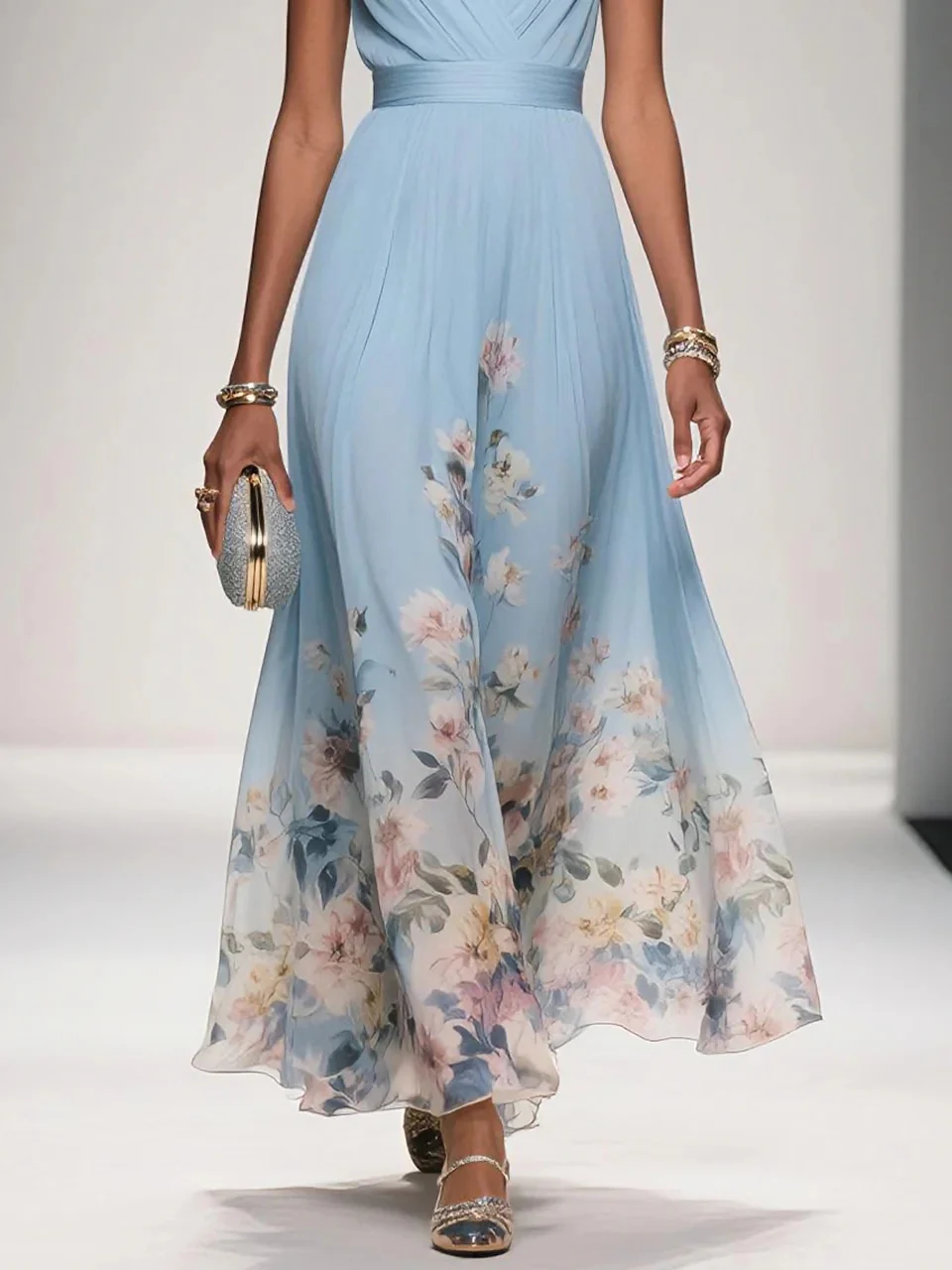 V-neck Sleeveless Floral Print Long Dress - Image 2