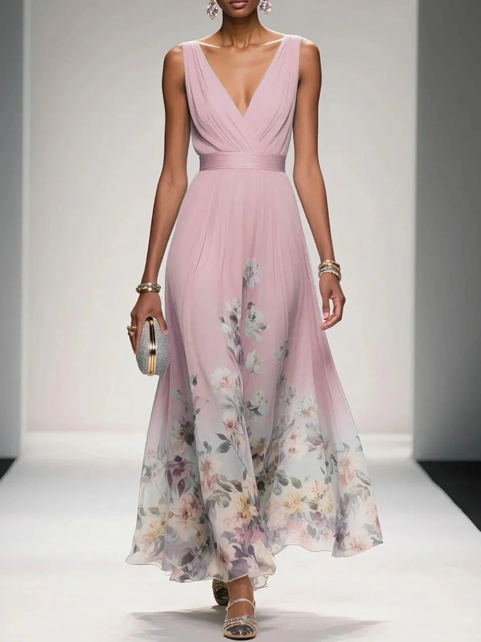 V-neck Sleeveless Floral Print Long Dress - Image 4