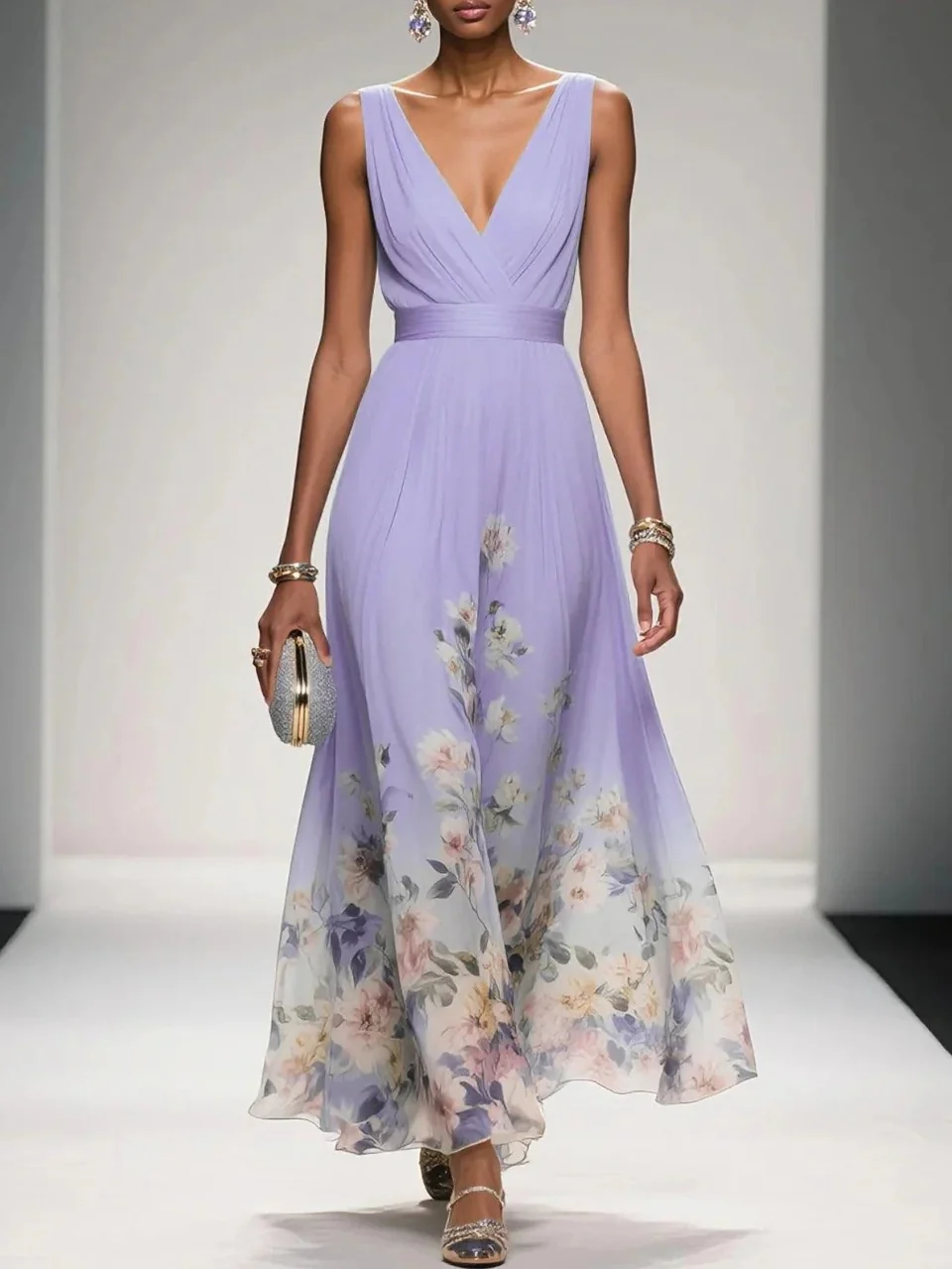 V-neck Sleeveless Floral Print Long Dress - Image 5