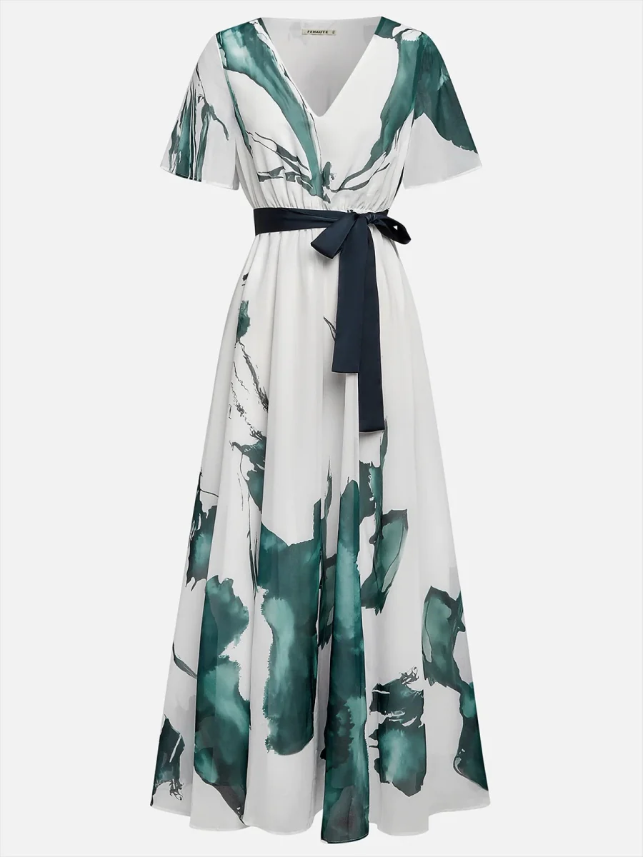 V-neck Digital Printing Thin Rope Short-sleeved Long Dress - Image 2