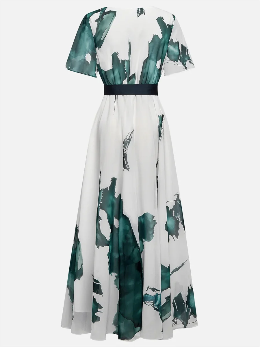 V-neck Digital Printing Thin Rope Short-sleeved Long Dress - Image 3