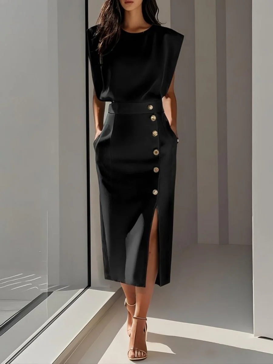 Crew Neck Sleeveless Buttons Slit Midi Dresses - Image 2