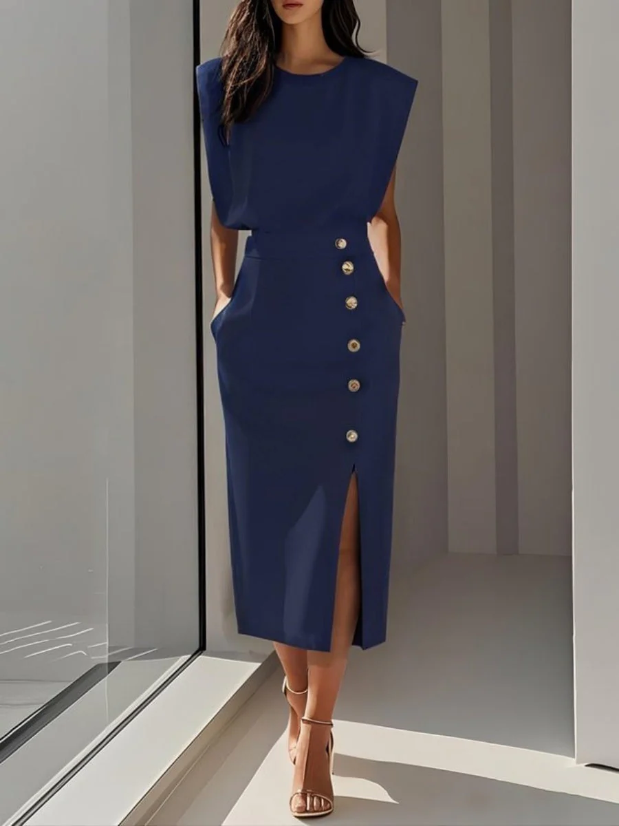 Crew Neck Sleeveless Buttons Slit Midi Dresses - Image 3