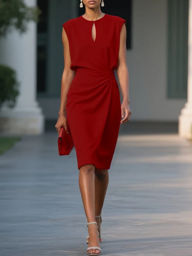 Three-dimensional Embellished Cross-over Solid Color Knotted Round Neck Hollowed-out Midi Dress - Image 2