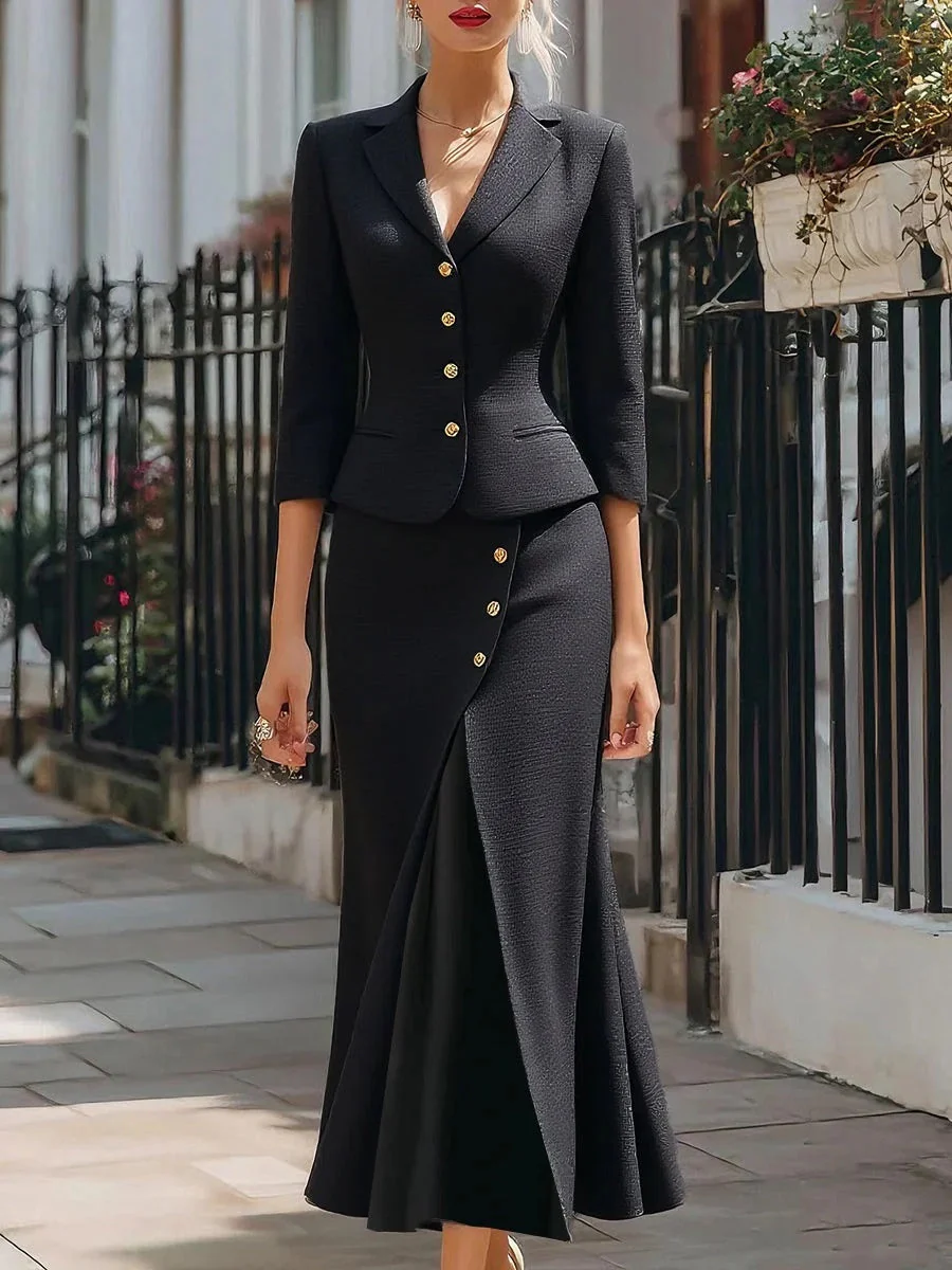 Single-breasted Three-quarter Sleeve Blazer Button-up Slit Skirt 2-piece Sets - Image 3