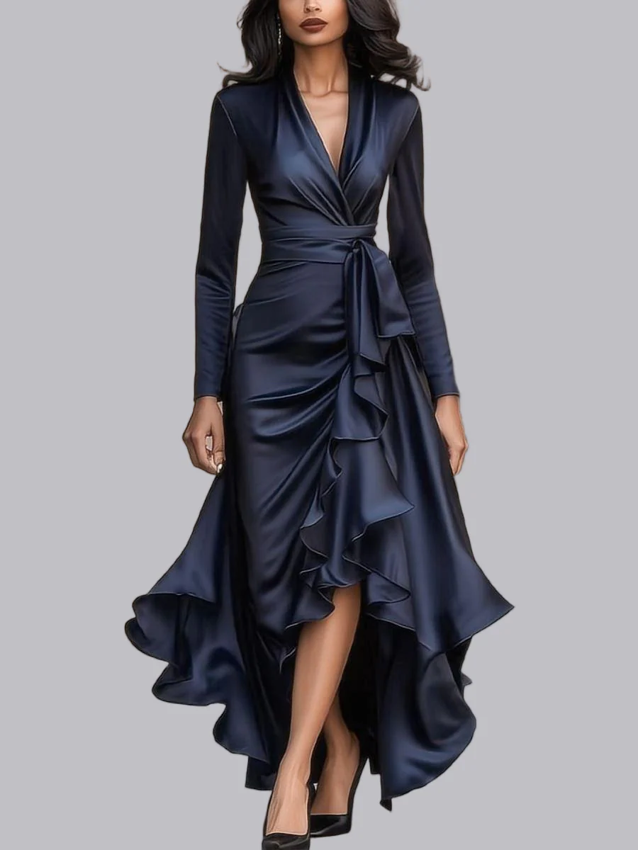 V-neck Fitted Waist Ruffled Hem Maxi Dresses - Image 2