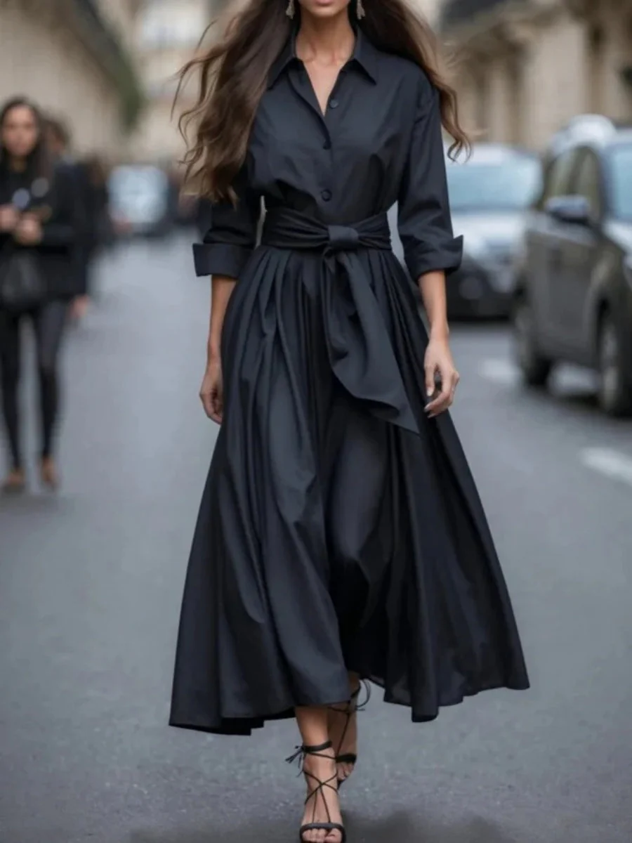 Long Sleeve Shirt Collar Solid Color Skirt Tie Maxi Dresses - Image 2