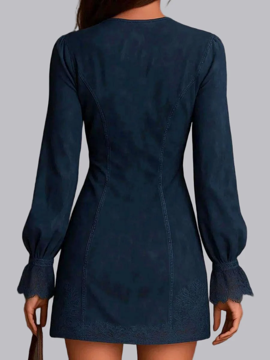 Zipper Lace Trim V-neck Long Sleeve Mini&Short Dresses - Image 2