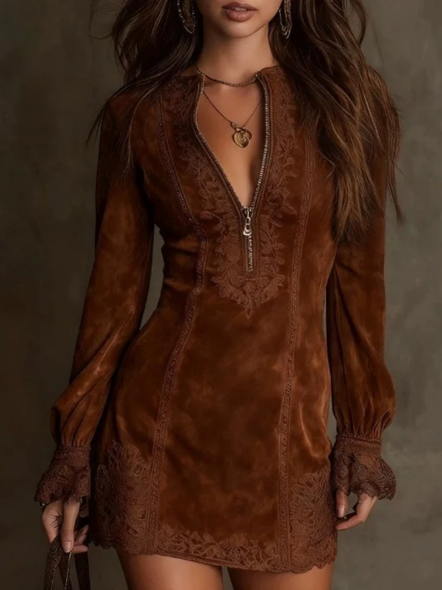 Zipper Lace Trim V-neck Long Sleeve Mini&Short Dresses - Image 3