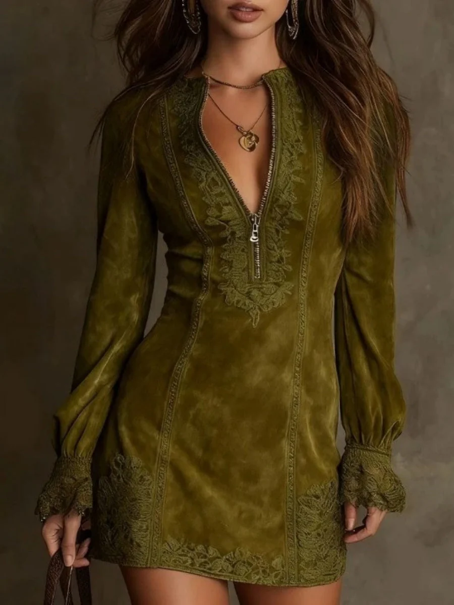 Zipper Lace Trim V-neck Long Sleeve Mini&Short Dresses - Image 4