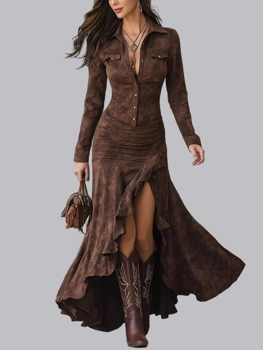 Zippered Lapel Pocket Waist Large Skirt Maxi Dresses