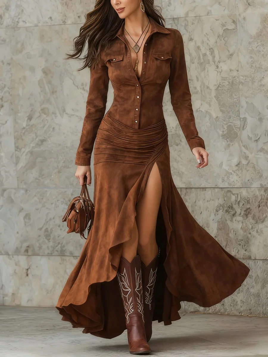 Zippered Lapel Pocket Waist Large Skirt Maxi Dresses - Image 2