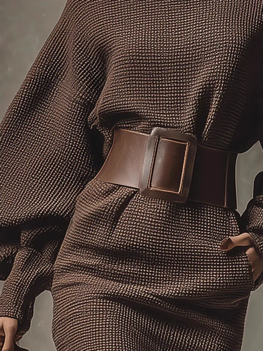 Brown Asymmetrical Batwing Sleeves With A Belted Pullover Mini&Short Dresses - Image 3