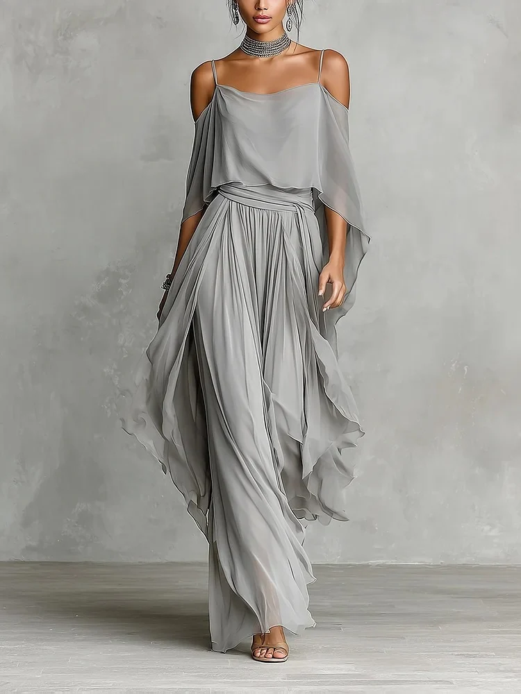 Gray Chiffon Off-shoulder Camisole Wide-leg Pants Two-piece Set