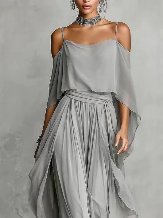 Gray Chiffon Off-shoulder Camisole Wide-leg Pants Two-piece Set - Image 2