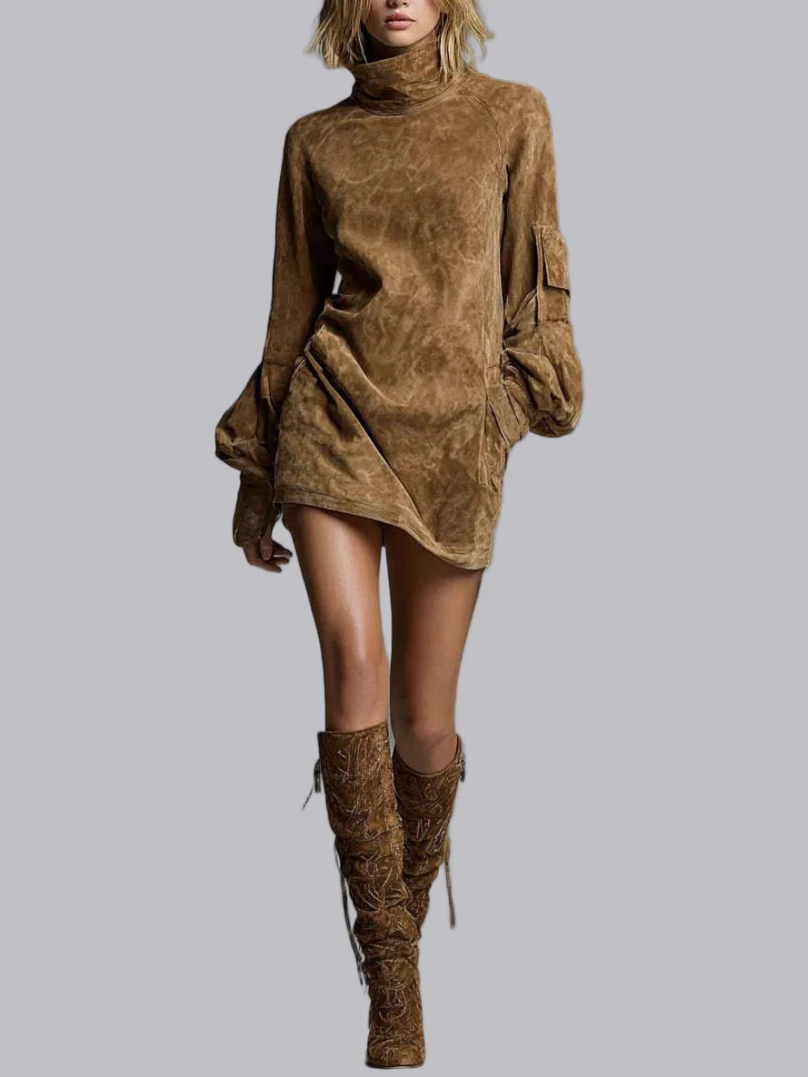 Old Deerskin High-necked Long-sleeved Pocket Mini&Short Dresses
