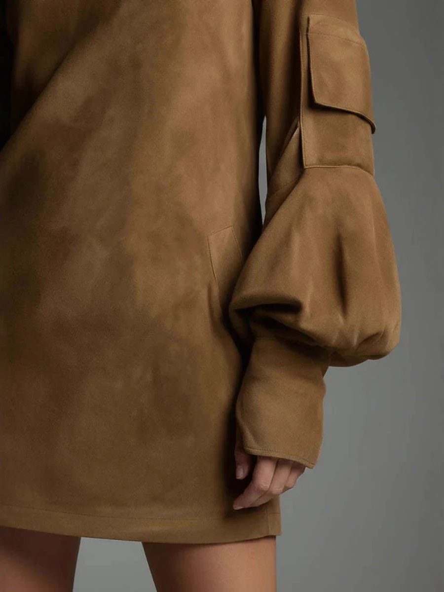 Old Deerskin High-necked Long-sleeved Pocket Mini&Short Dresses - Image 3